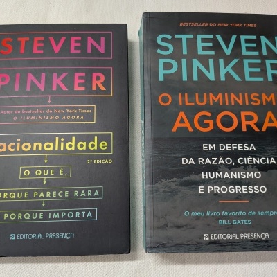 Duas capas de livros em português de Steven Pinker com design gráfico colorido em fundo preto.