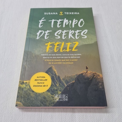 Capa de livro verde e amarelo com título e imagem de penhasco e pessoa