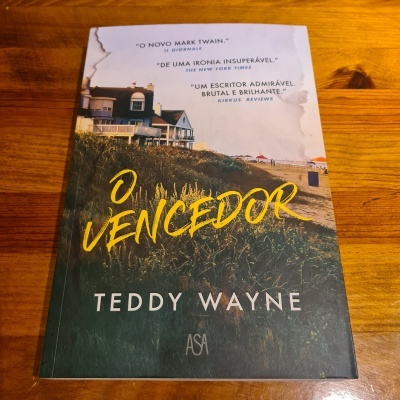 Livro 'O Vencedor' de Teddy Wayne com capa que mostra casas costeiras e vegetação