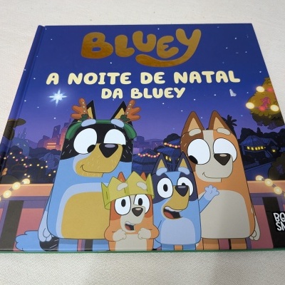 Capa de livro infantil azul com personagens caninos e título 'Bluey: A Noite de Natal da Bluey'