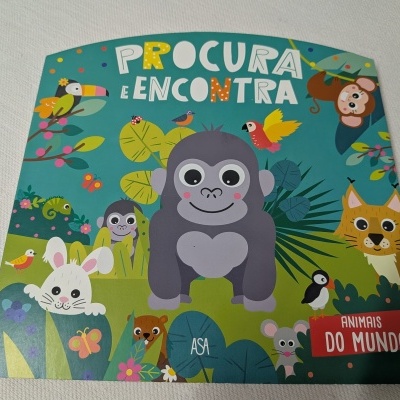 Livro infantil com animais e texto PROCURA E ENCONTRA.