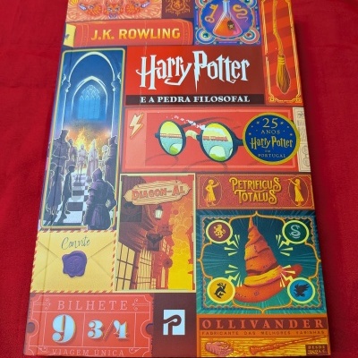 Capa do livro Harry Potter e a Pedra Filosofal com várias ilustrações coloridas e texto em português.