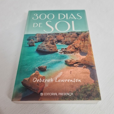 Capa de livro com praia rochosa e título 300 DIAS DE SOL