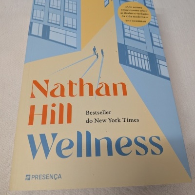 Capa de livro com ilustração de prédios e figuras humanas em azul e amarelo