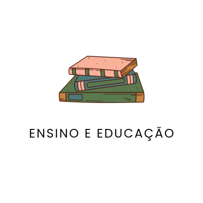 Três livros ilustrados empilhados com texto ENSINO E EDUCAÇÃO abaixo.
