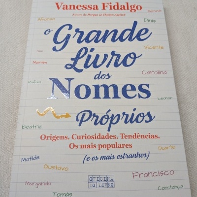 Capa de livro com o título O Grande Livro dos Nomes Próprios de Vanessa Fidalgo, decorado com vários nomes em cores diferentes sobre fundo branco com linhas azuis.