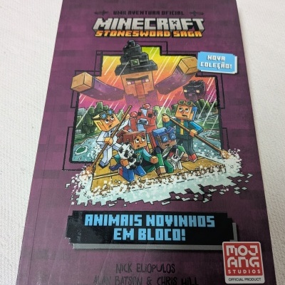 Capa de livro Minecraft Stonesword Saga com personagens coloridos e texto em português.