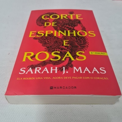 Livro 'Corte de Espinhos e Rosas' de capa vermelha com texto amarelo e branco e ilustração preta