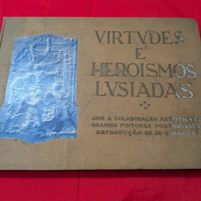 Capa de livro castanha com texto preto e prateado e relevo azul