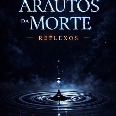 Capa de livro Arautos da Morte Reflexos de Sofia Miranda com gotas de água e fundo azul escuro
