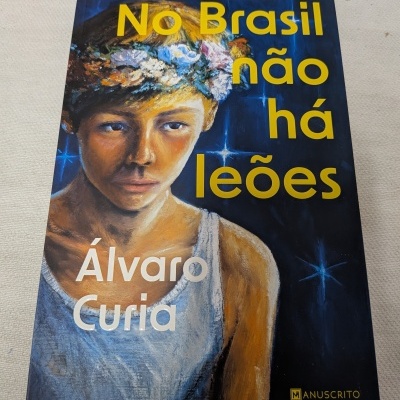 Capa de livro azul com pintura e texto amarelo No Brasil não há leões.
