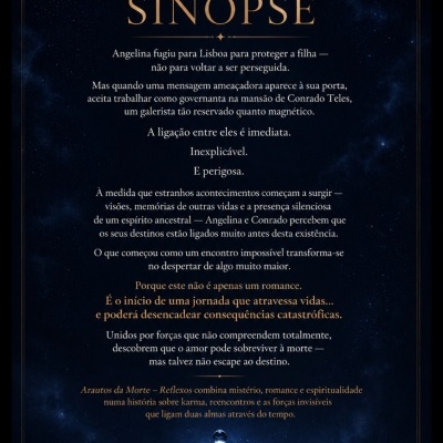 Sinopse do livro Arautos da Morte - Reflexos em texto branco e dourado com fundo estrelado e gota de água