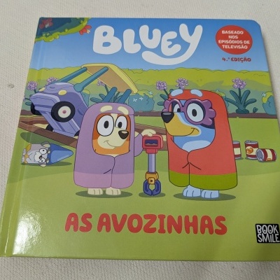 Capa de livro infantil Bluey com personagens cães e texto em português.