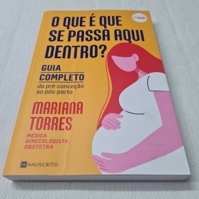 Capa de livro amarelo com ilustração de mulher grávida e texto em português