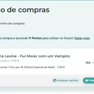 Página de carrinho de compras com livro 'Fui Morar com um Vampiro' de Jenna Levine a 11,90 €.