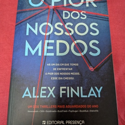 Capa do livro O Pior dos Nossos Medos de Alex Finlay com linhas vermelhas entrelaçadas sobre fundo azul escuro.