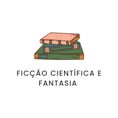 Livros empilhados com texto FICÇÃO CIENTÍFICA E FANTASIA