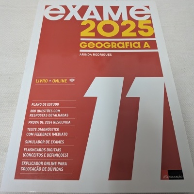 Capa de livro vermelho e branco com texto EXAME 2025 Geografia A, autor Arinda Rodrigues, e detalhes de estudo.