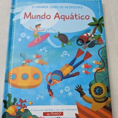Capa de livro infantil sobre mundo aquático com ilustrações de mar e personagens a surfar, mergulhar e um submarino.