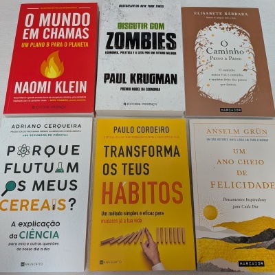 Seis livros com capas coloridas dispostos lado a lado sobre uma superfície clara