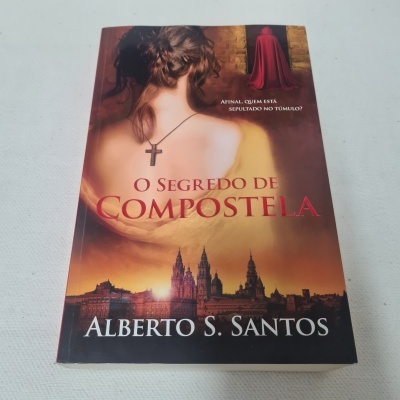 Capa do livro O Segredo de Compostela com uma mulher de costas e cidade ao fundo.