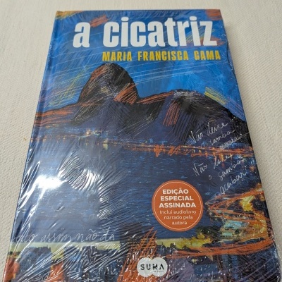 Capa de livro a cicatriz com ilustração de paisagem noturna e texto em destaque