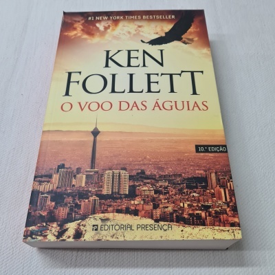 Capa do livro 'O Voo das Águias' de Ken Follett com imagem de cidade e águia voando