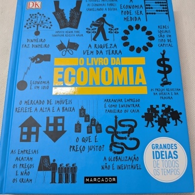Capa azul de livro com texto amarelo e ilustrações sobre economia