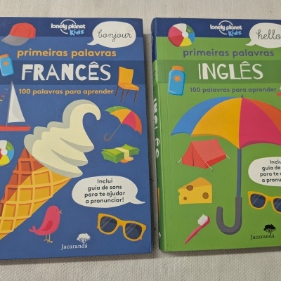 Dois livros infantis Lonely Planet Kids com capas coloridas para aprender primeiras palavras em francês e inglês