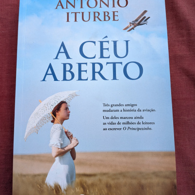 Capa de livro A Céu Aberto de Antonio Iturbe com mulher segurando guarda-chuva e avião no céu
