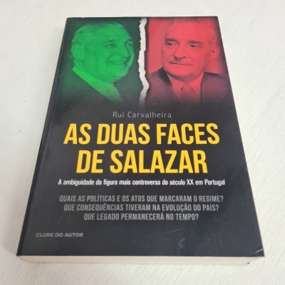 Capa do livro 'As Duas Faces de Salazar' com fotos verde e vermelha do autor e texto descritivo em português