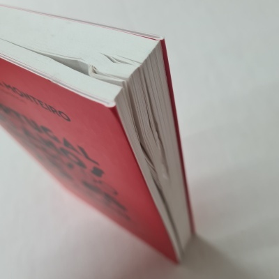 Livro de capa vermelha com páginas amarrotadas visto de cima