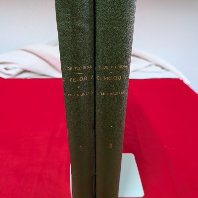 Dois livros verdes com títulos em dourado sobre superfície vermelha