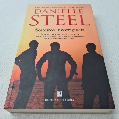 Capa do livro 'Solteiros incorrigíveis' de Danielle Steel com silhuetas de três homens