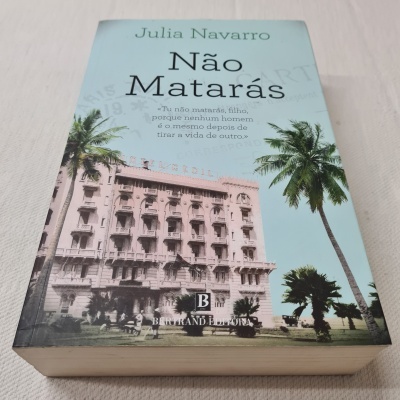Livro 'Não Matarás' de Julia Navarro com capa azul clara e imagem de edifício e palmeiras
