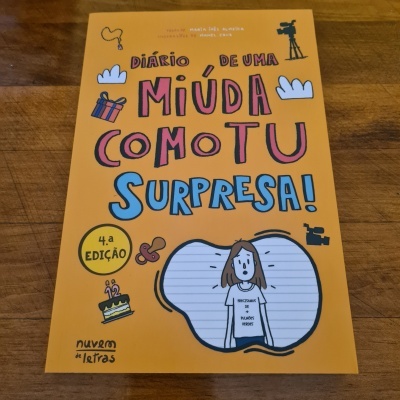 Capa de livro laranja com título e desenhos coloridos e uma personagem desenhada.