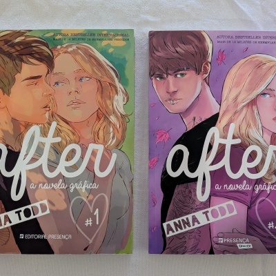 Capas de livros da série After com ilustrações gráficas de um casal jovem e fundo em verde e roxo.
