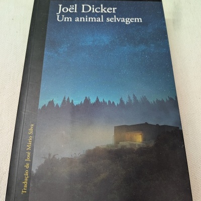 Capa de livro Um animal selvagem de Joël Dicker com imagem de floresta e céu estrelado.