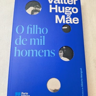 Livro azul Valter Hugo Mãe O filho de mil homens com furos circulares revelando fotos