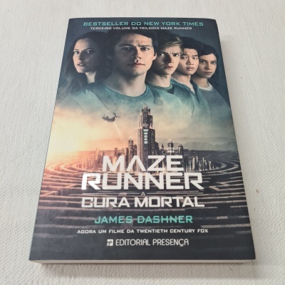 Capa do livro Maze Runner A Cura Mortal com cinco jovens, labirinto e texto editorial.