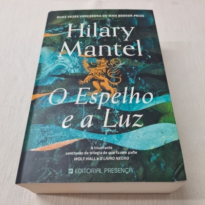 Capa do livro 'O Espelho e a Luz' de Hilary Mantel com um leão dourado e padrões azuis e verdes