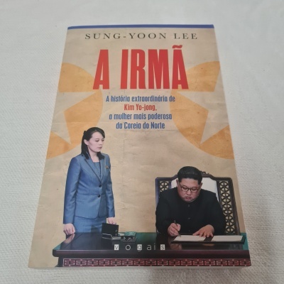 Capa do livro 'A IRMÃ' de Sung-Yoon Lee, com imagem de uma mulher em fato azul e um homem sentado