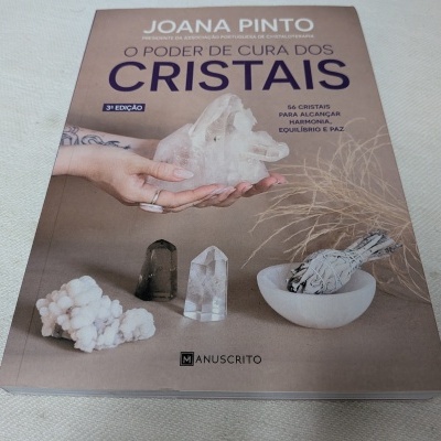 Capa de livro sobre cristais com várias pedras e um vaso branco com ervas