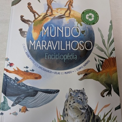 Capa da enciclopédia Mundo Maravilhoso com ilustração de evolução humana, globo e animais.
