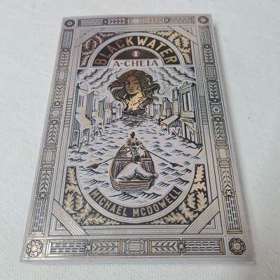 Capa decorativa de livro BLACKWATER A CHEIA com ilustração de figura feminina e barco no rio