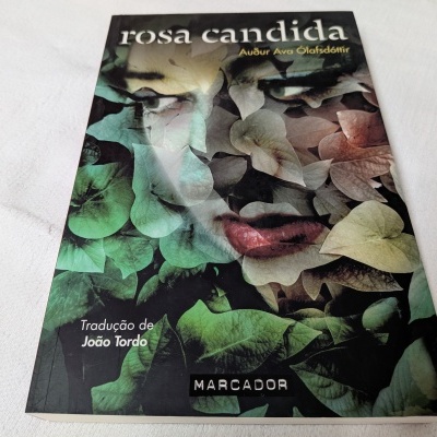 Capa do livro 'rosa candida' com um rosto feminino e folhas verdes