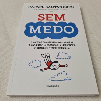 Capa do livro 'SEM MEDO' com ilustração de personagem a voar entre nuvens azuis