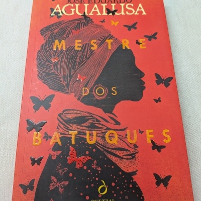 Capa do livro Mestre dos Batuques com ilustração de perfil feminino e borboletas em fundo vermelho