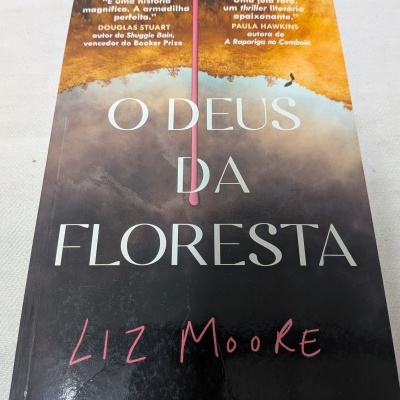 Livro O DEUS DA FLORESTA de Liz Moore com fundo colorido e citações no topo