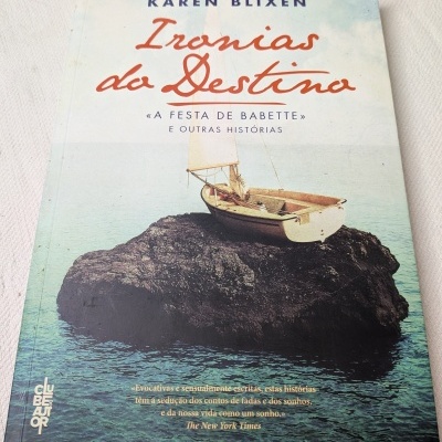 Capa de livro Ironias do Destino com imagem de barco em rocha no mar